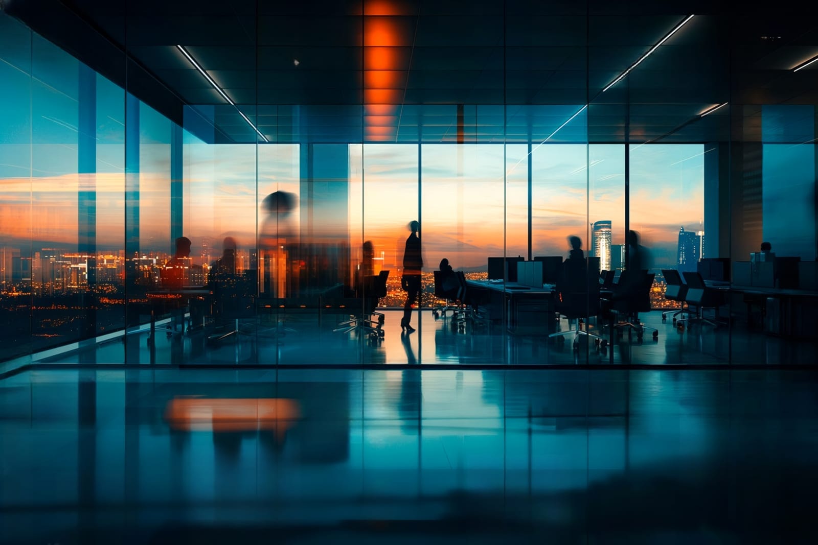 Glass-walled office at dusk with people at work and a city skyline beyond