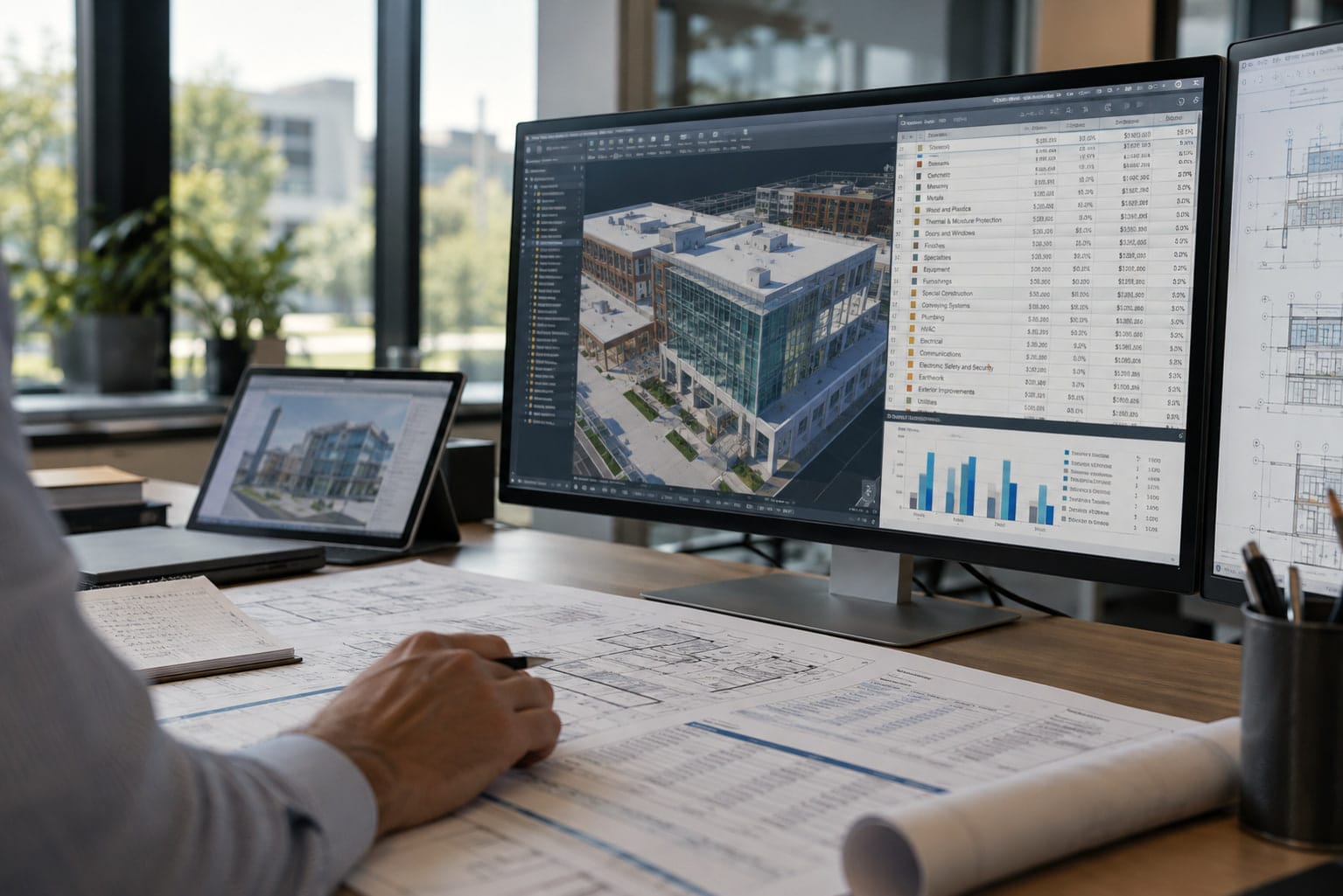 Estimator’s desk with a monitor showing a 3D building model beside a cost breakdown table and bar chart, with printed drawings and estimate sheets being marked up by hand